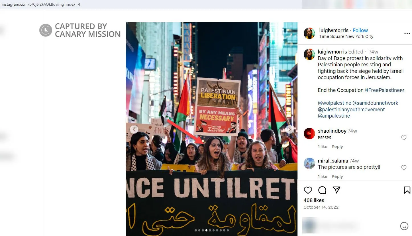 Alwan marches at a WOL protest holding a sign calling for Palestinian “liberation by any means necessary”—a phrase used to justify terror.